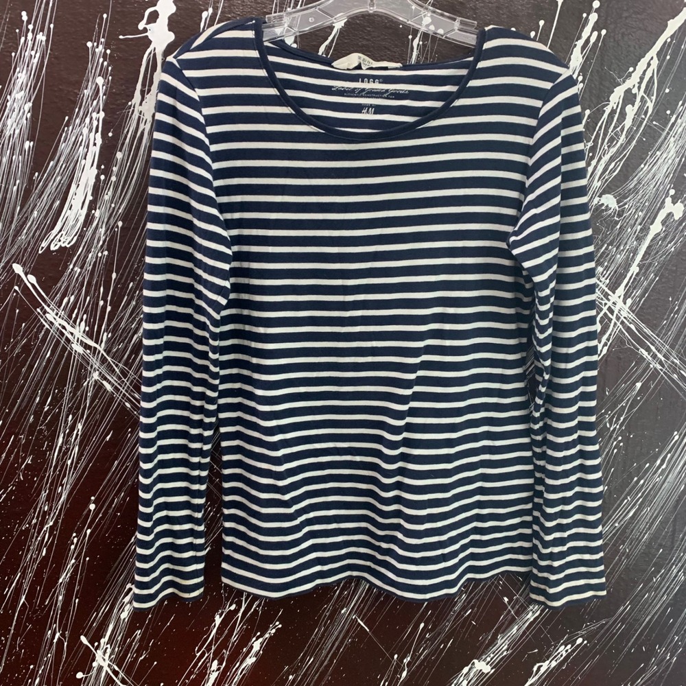 HM LOGG Womens Navy Blue White Striped Long Sleeve Crew Neck T-Shirt Large